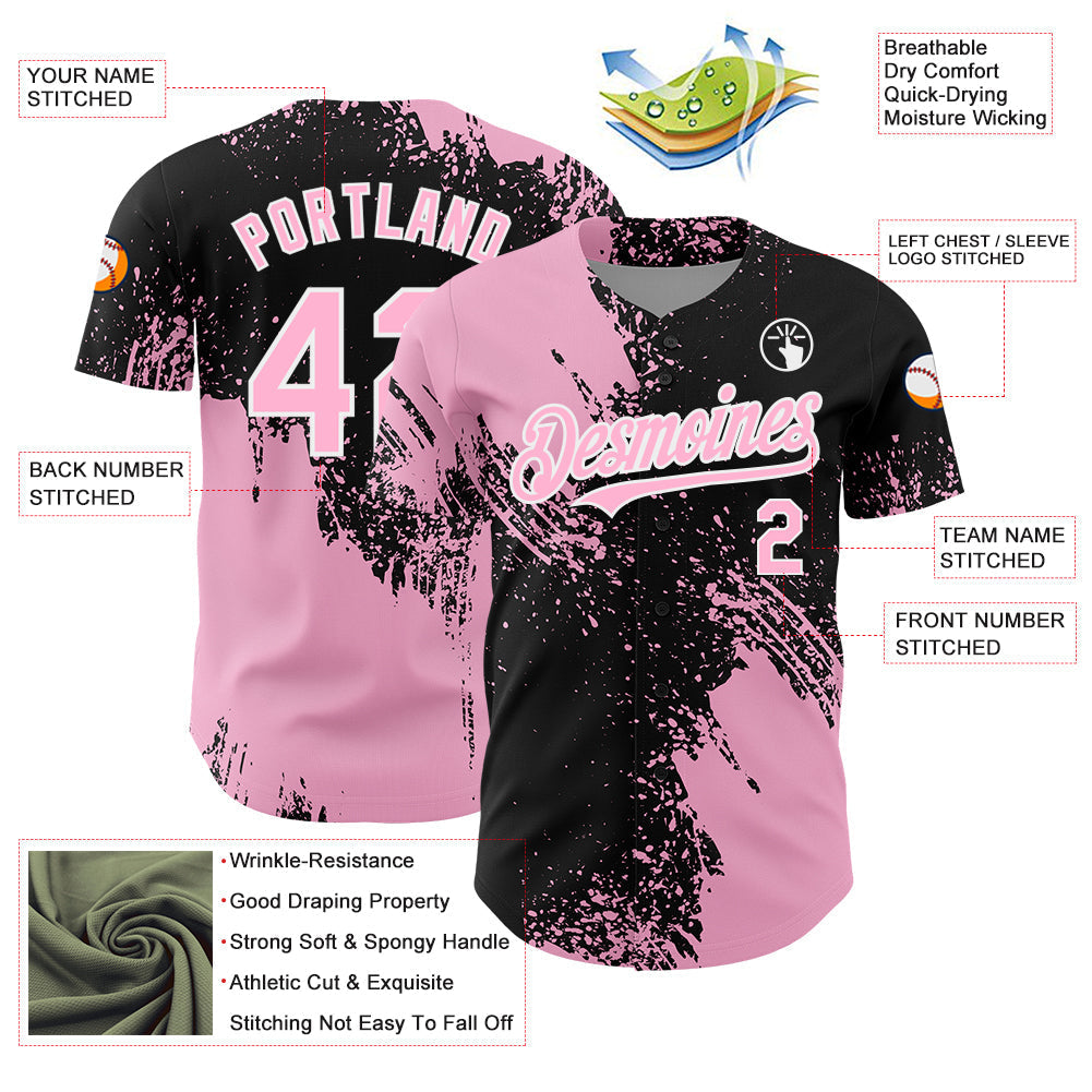 Custom Light Pink Black-White 3D Pattern Design Abstract Brush Stroke Authentic Baseball Jersey baseball jersey product view 3