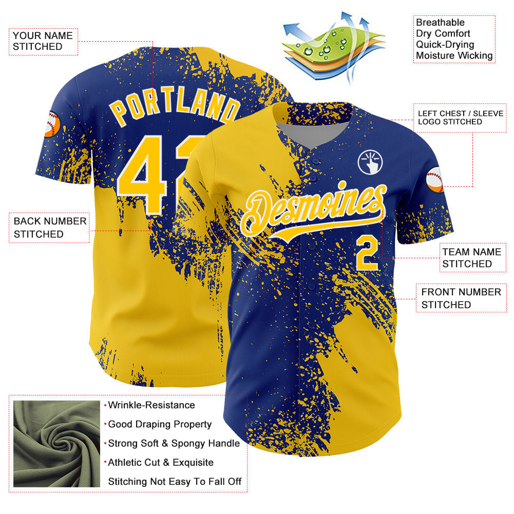 Custom Yellow Royal-White 3D Pattern Design Abstract Brush Stroke Authentic Baseball Jersey baseball jersey product view 3