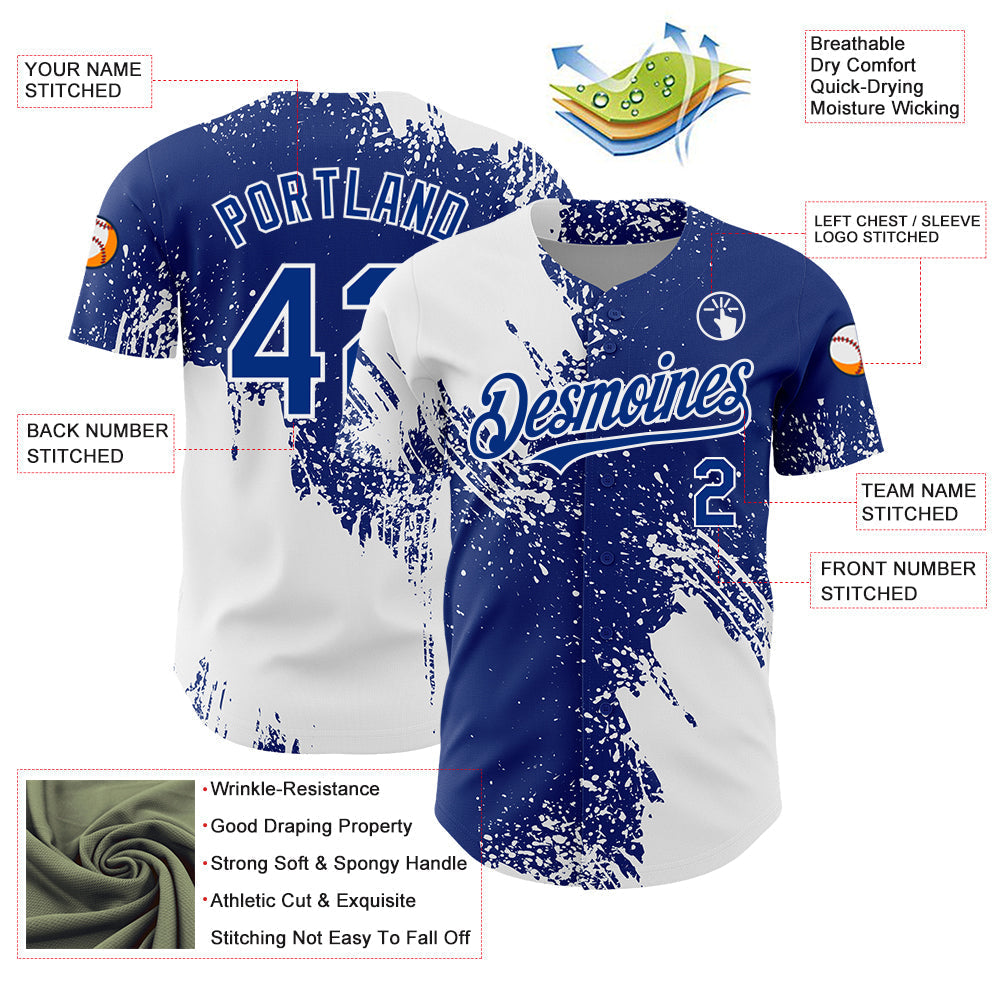 Custom White Royal 3D Pattern Design Abstract Brush Stroke Authentic Baseball Jersey baseball jersey product view 3
