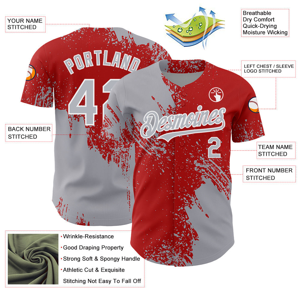 Custom Gray Red-White 3D Pattern Design Abstract Brush Stroke Authentic Baseball Jersey baseball jersey product view 3