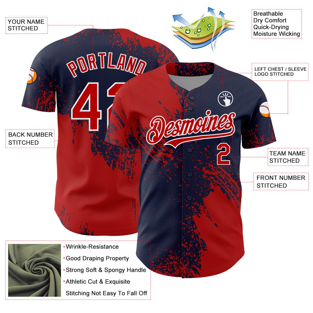 Custom Red Navy-White 3D Pattern Design Abstract Brush Stroke Authentic Baseball Jersey baseball jersey product view 3