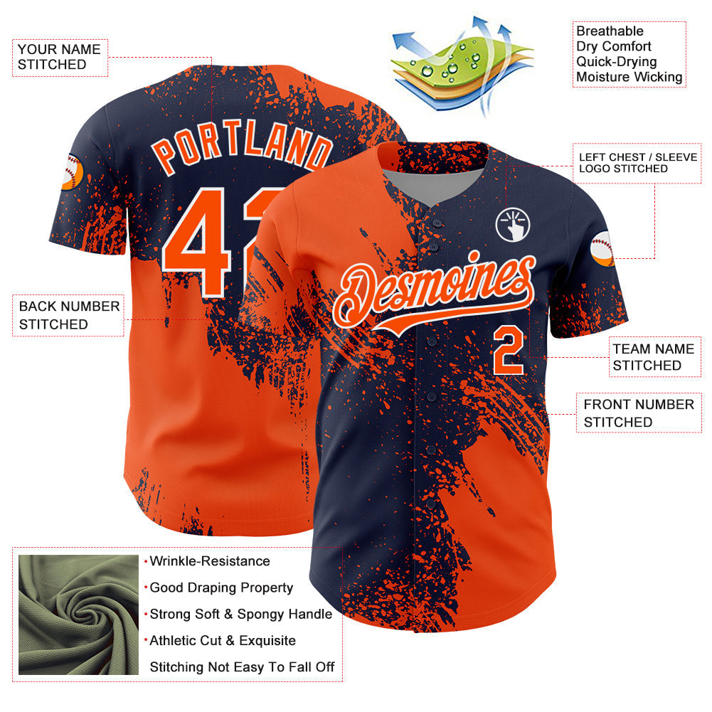 Custom Orange Navy-White 3D Pattern Design Abstract Brush Stroke Authentic Baseball Jersey baseball jersey product view 3