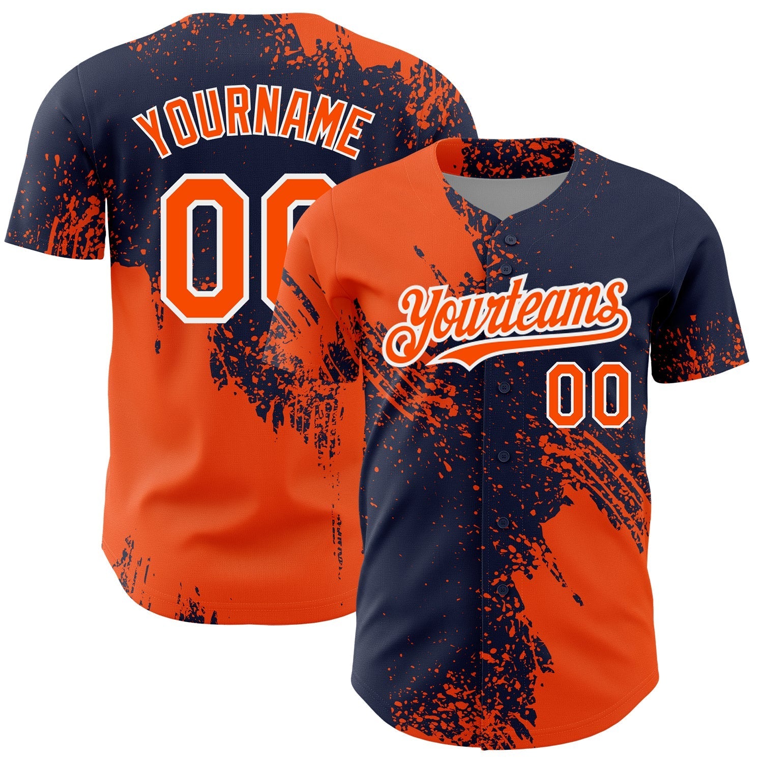 Custom Orange Navy-White 3D Pattern Design Abstract Brush Stroke Authentic Baseball Jersey baseball jersey product view 1