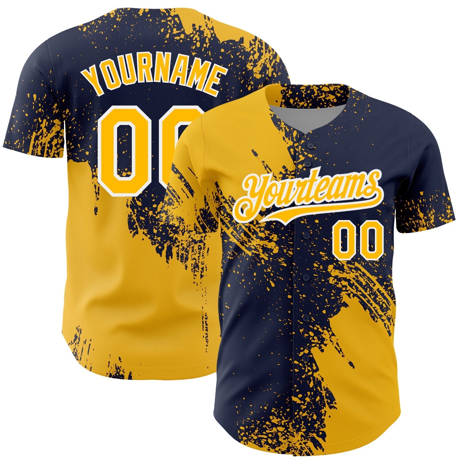 Custom Gold Navy-White 3D Pattern Design Abstract Brush Stroke Authentic Baseball Jersey baseball jersey product view 1