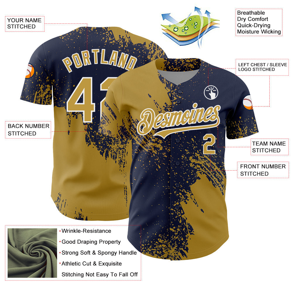 Custom Old Gold Navy-White 3D Pattern Design Abstract Brush Stroke Authentic Baseball Jersey baseball jersey product view 3