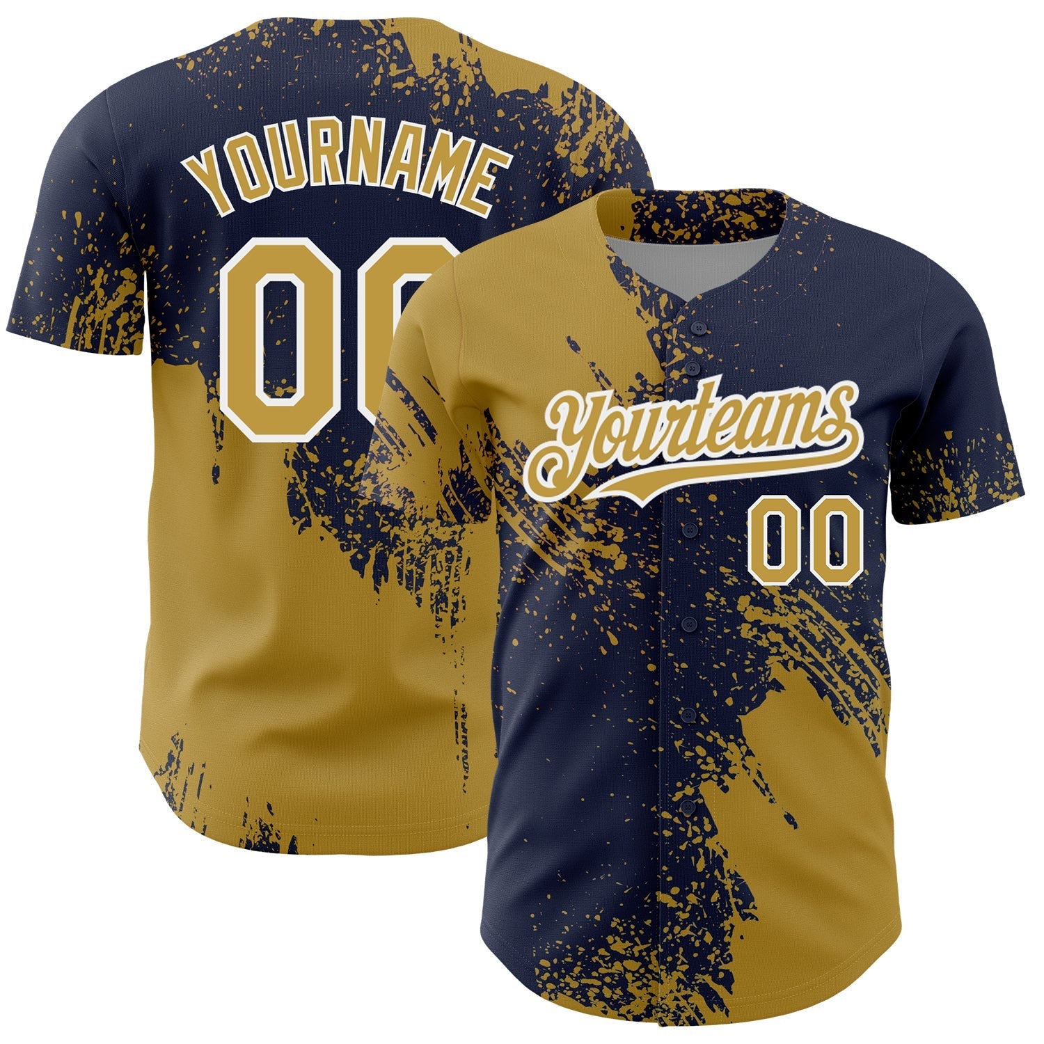 Custom Old Gold Navy-White 3D Pattern Design Abstract Brush Stroke Authentic Baseball Jersey baseball jersey product view 1