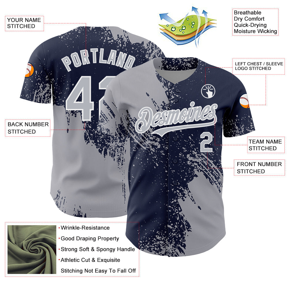 Custom Gray Navy-White 3D Pattern Design Abstract Brush Stroke Authentic Baseball Jersey baseball jersey product view 4