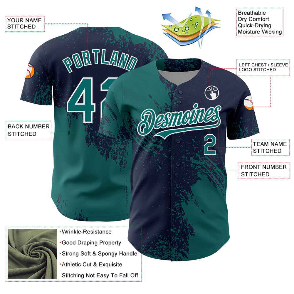 Custom Teal Navy-White 3D Pattern Design Abstract Brush Stroke Authentic Baseball Jersey baseball jersey product view 3