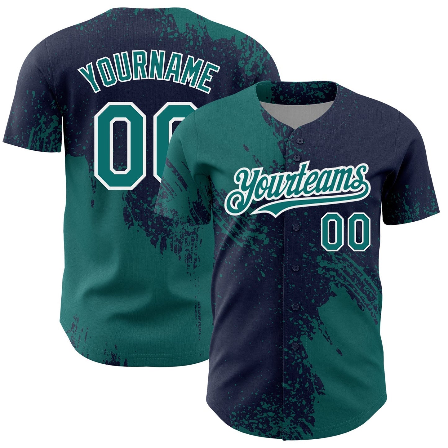 Custom Teal Navy-White 3D Pattern Design Abstract Brush Stroke Authentic Baseball Jersey baseball jersey product view 1