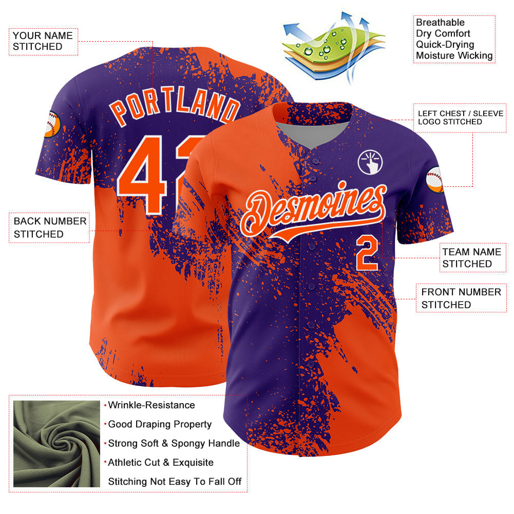 Custom Orange Purple-White 3D Pattern Design Abstract Brush Stroke Authentic Baseball Jersey baseball jersey product view 3