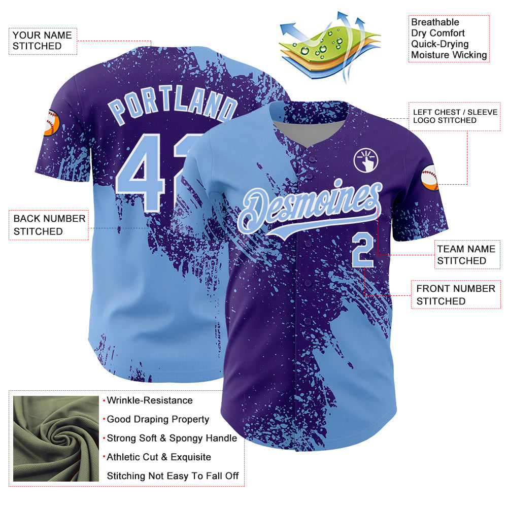 Custom Light Blue Purple-White 3D Pattern Design Abstract Brush Stroke Authentic Baseball Jersey baseball jersey product view 3