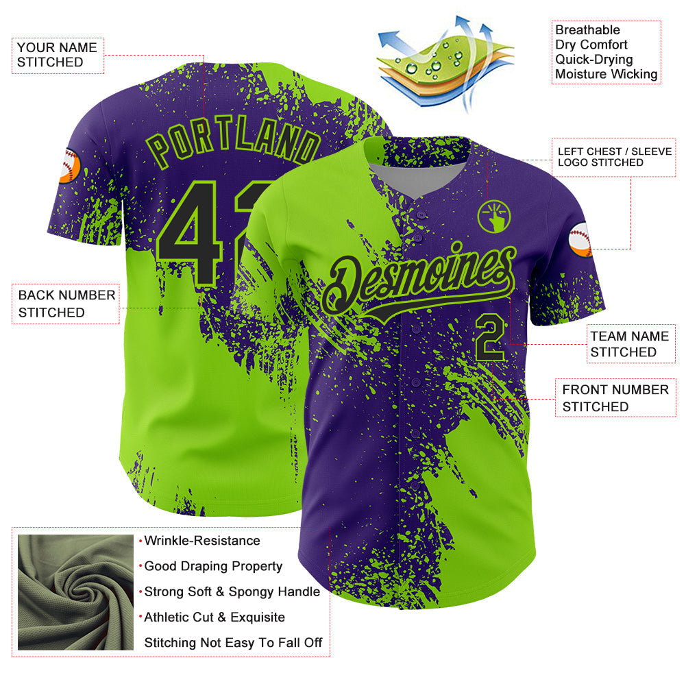 Custom Neon Green Black-Purple 3D Pattern Design Abstract Brush Stroke Authentic Baseball Jersey baseball jersey product view 3