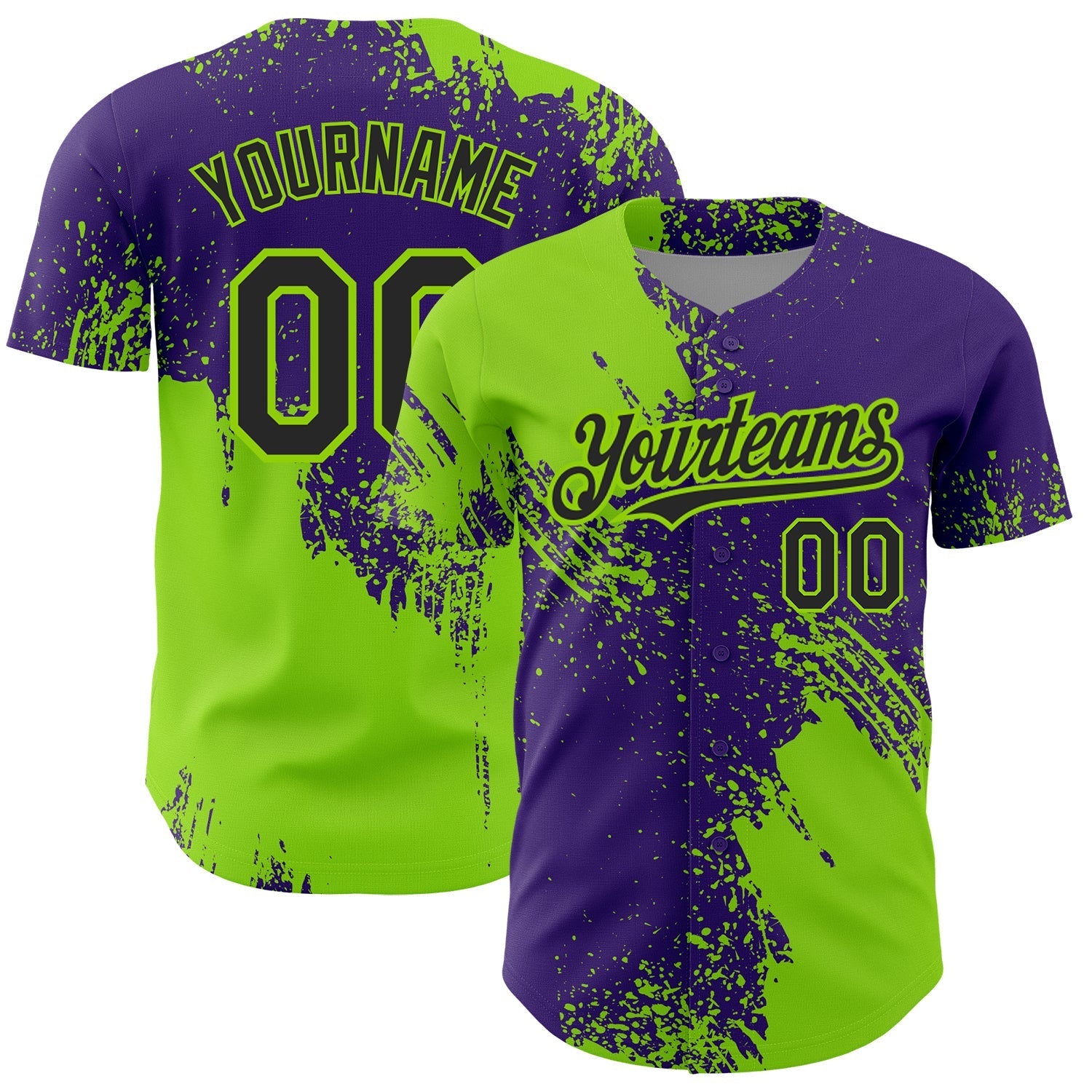 Custom Neon Green Black-Purple 3D Pattern Design Abstract Brush Stroke Authentic Baseball Jersey baseball jersey product view 1