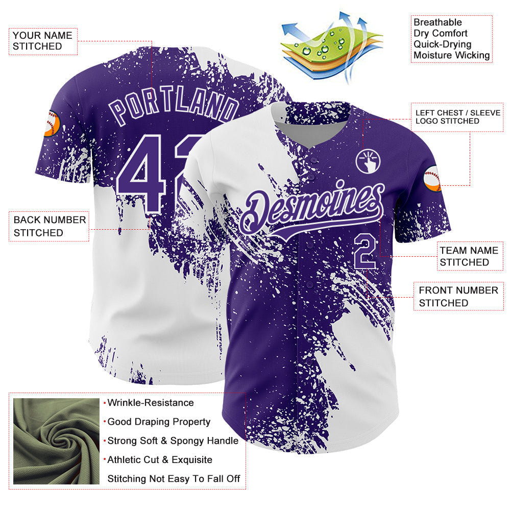 Custom White Purple 3D Pattern Design Abstract Brush Stroke Authentic Baseball Jersey baseball jersey product view 3