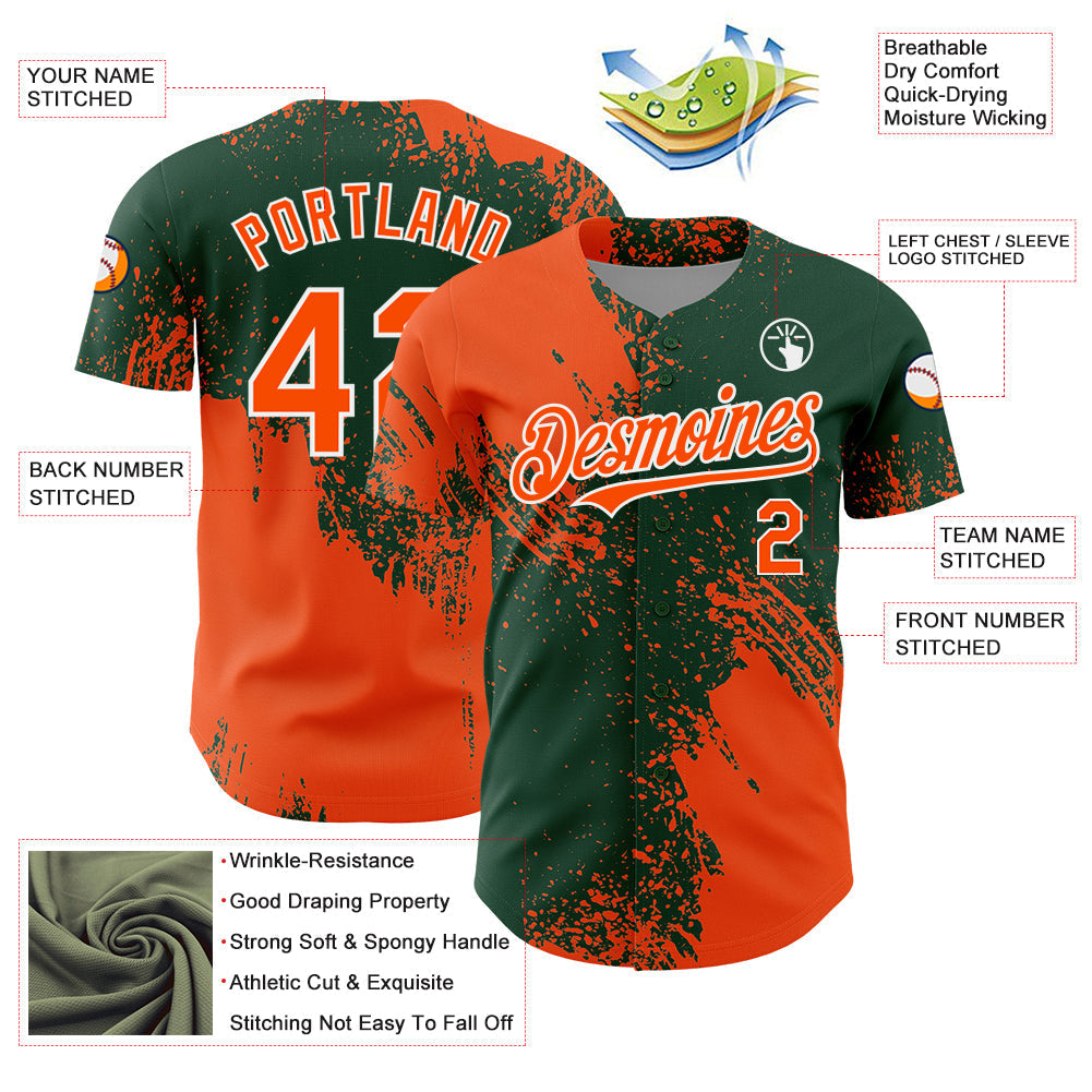 Custom Orange Green-White 3D Pattern Design Abstract Brush Stroke Authentic Baseball Jersey baseball jersey product view 3