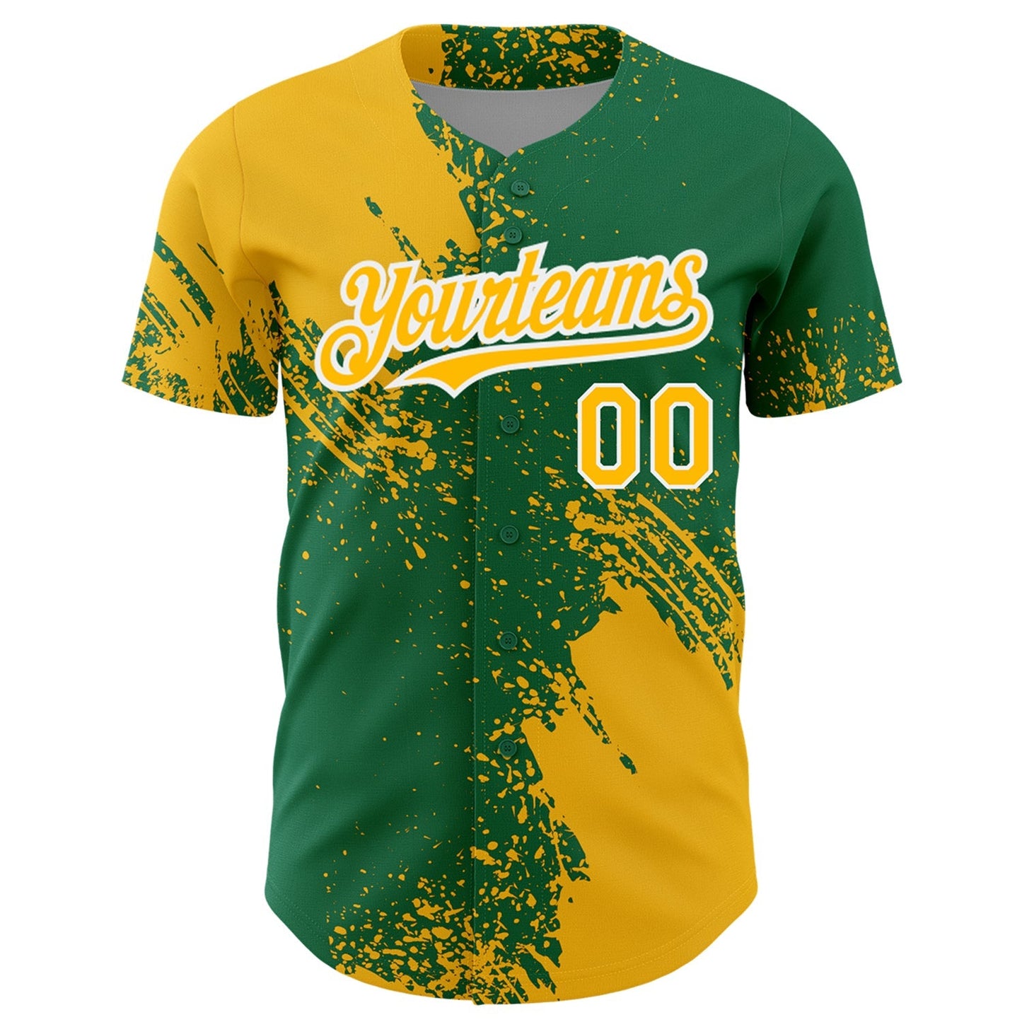 Custom Gold Kelly Green-White 3D Pattern Design Abstract Brush Stroke Authentic Baseball Jersey baseball jersey product view 2