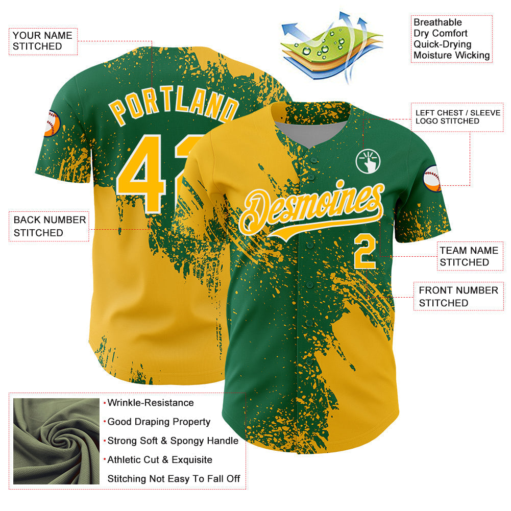 Custom Gold Kelly Green-White 3D Pattern Design Abstract Brush Stroke Authentic Baseball Jersey baseball jersey product view 3