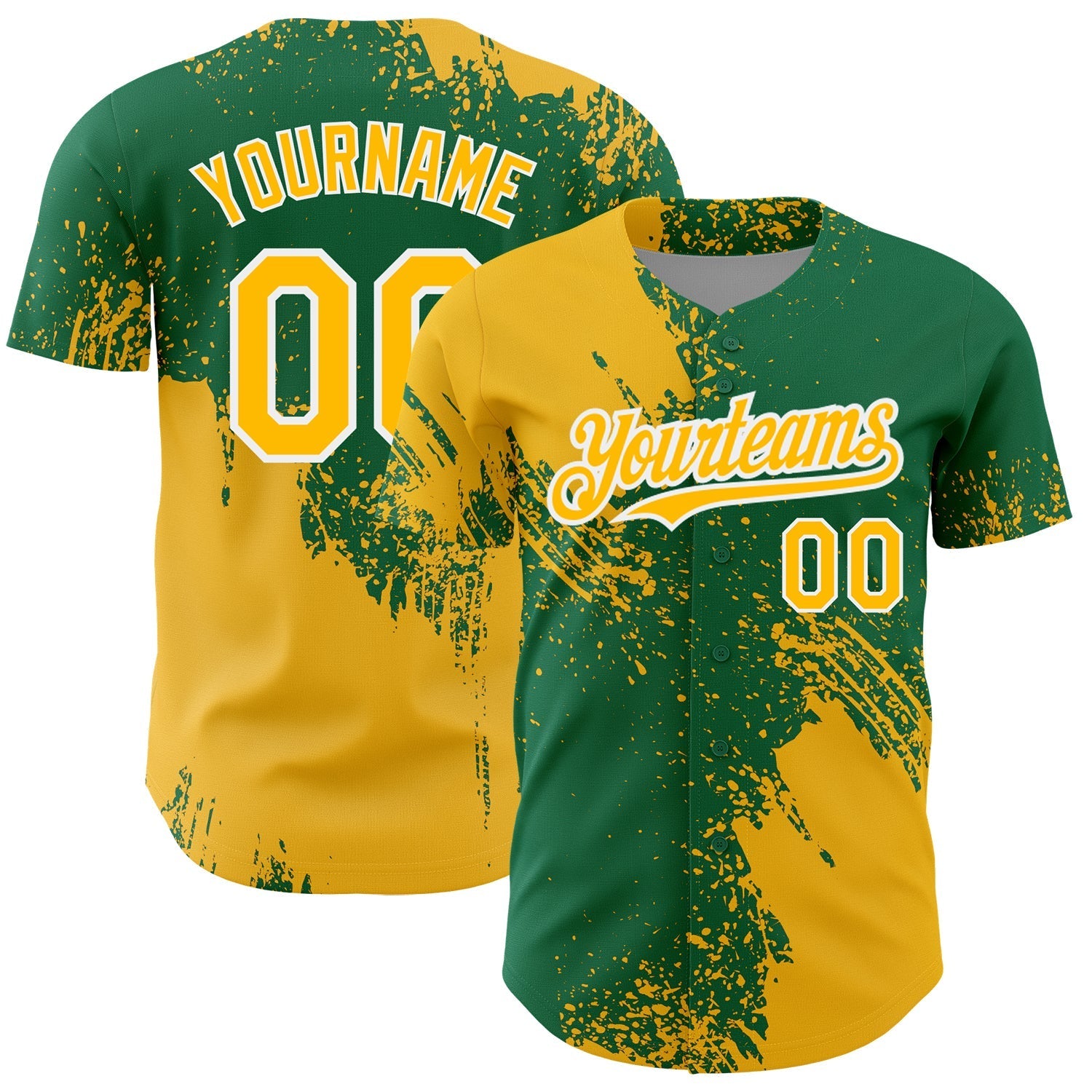 Custom Gold Kelly Green-White 3D Pattern Design Abstract Brush Stroke Authentic Baseball Jersey baseball jersey product view 1