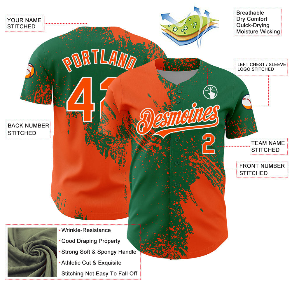 Custom Orange Kelly Green-White 3D Pattern Design Abstract Brush Stroke Authentic Baseball Jersey baseball jersey product view 4