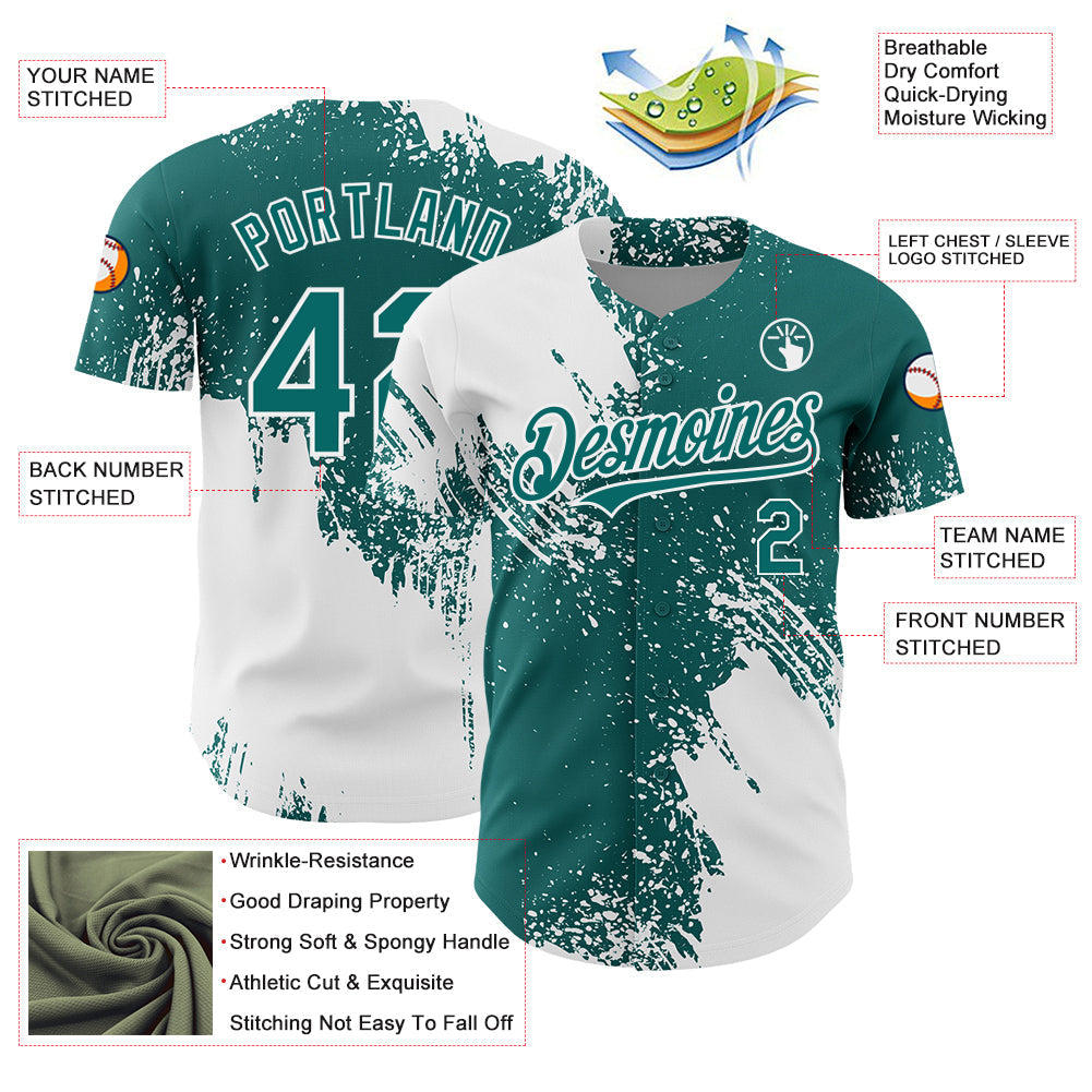 Custom White Teal 3D Pattern Design Abstract Brush Stroke Authentic Baseball Jersey baseball jersey product view 3