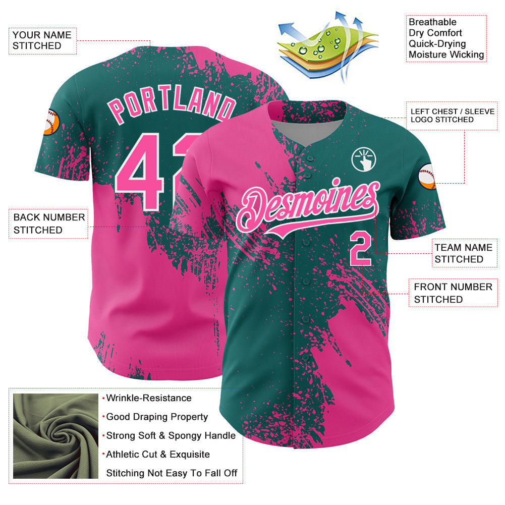 Custom Pink Teal-White 3D Pattern Design Abstract Brush Stroke Authentic Baseball Jersey baseball jersey product view 3