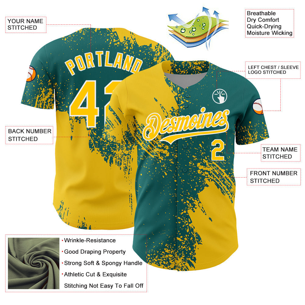 Custom Yellow Teal-White 3D Pattern Design Abstract Brush Stroke Authentic Baseball Jersey baseball jersey product view 3