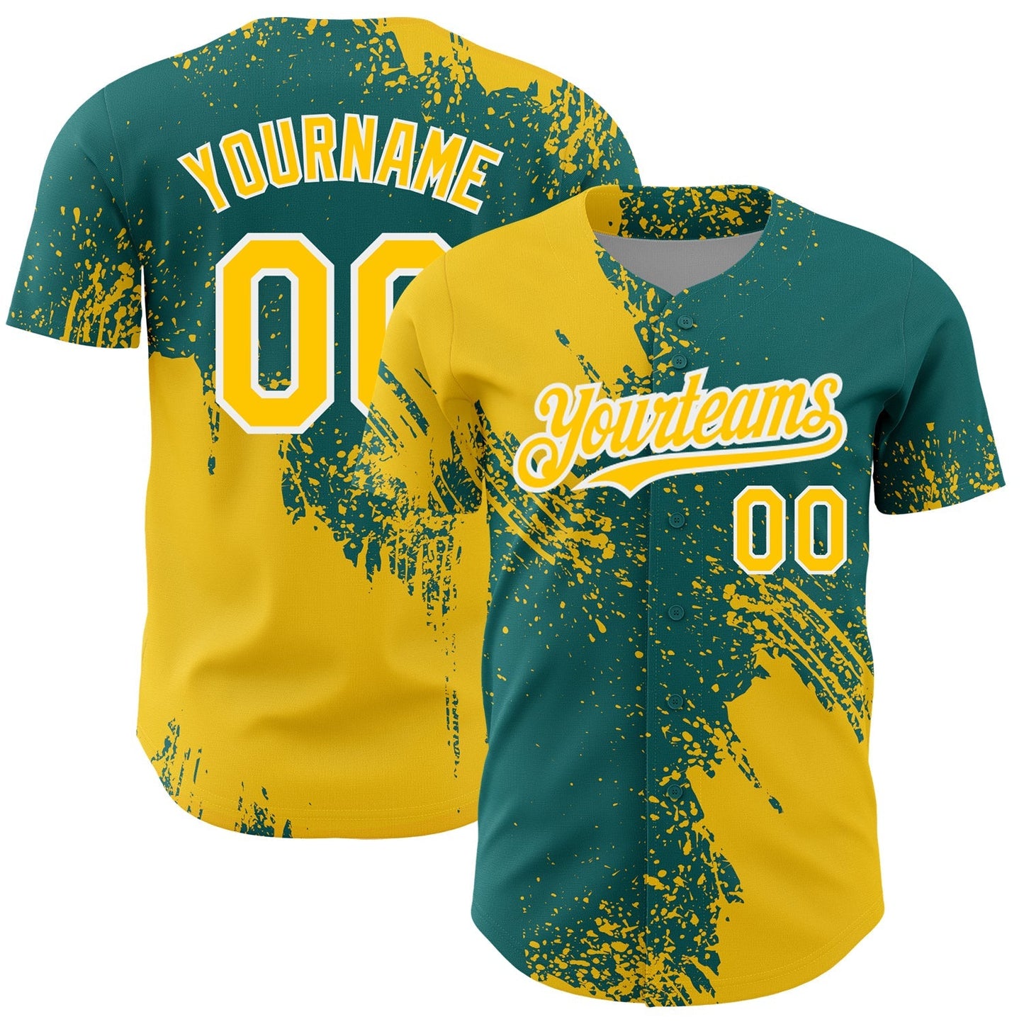 Custom Yellow Teal-White 3D Pattern Design Abstract Brush Stroke Authentic Baseball Jersey baseball jersey product view 1