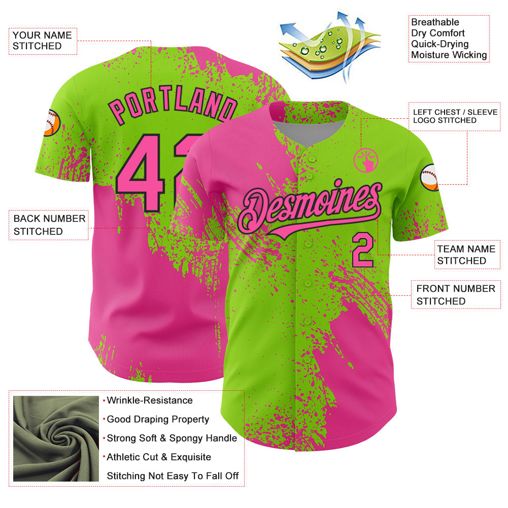 Custom Pink Neon Green-Black 3D Pattern Design Abstract Brush Stroke Authentic Baseball Jersey baseball jersey product view 3