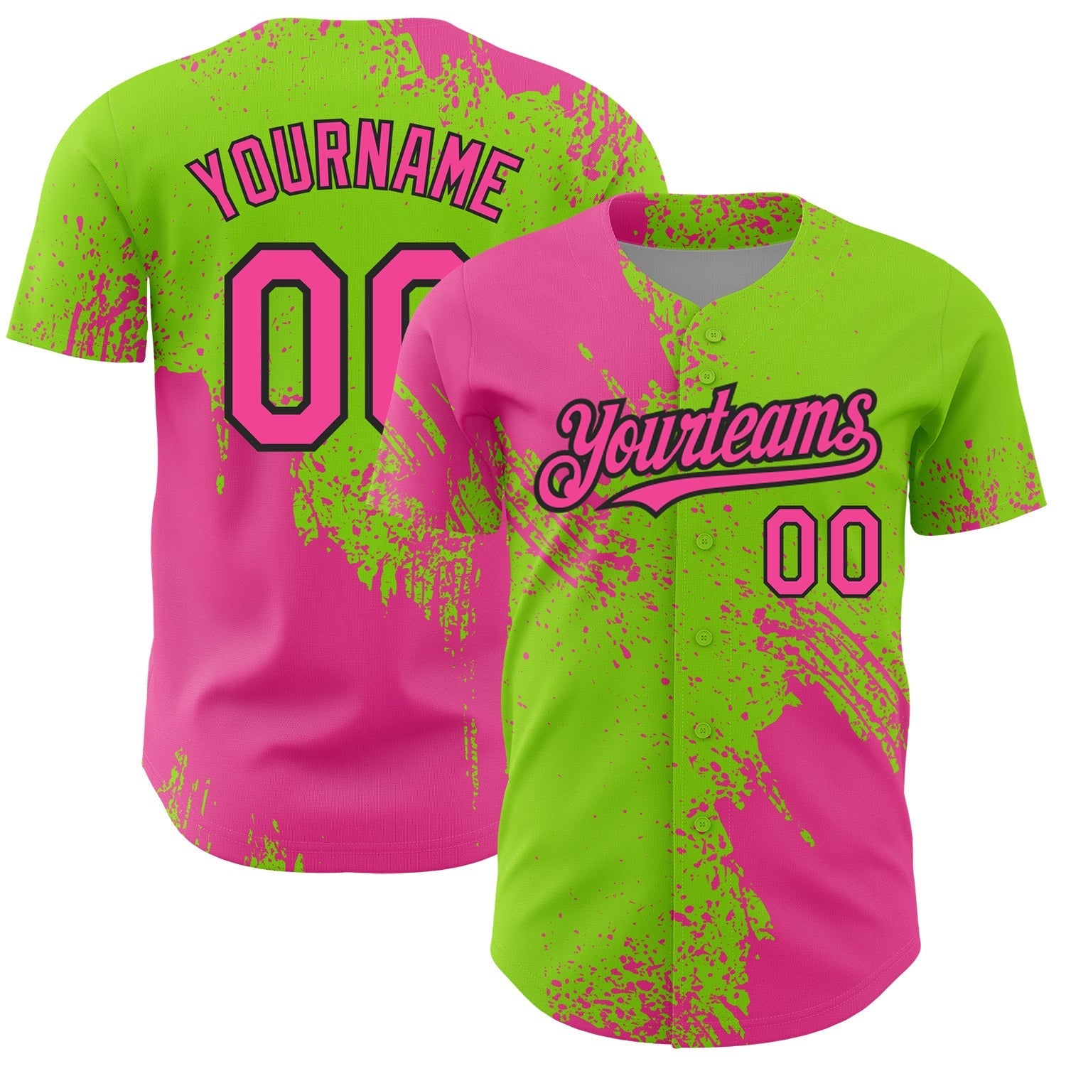 Custom Pink Neon Green-Black 3D Pattern Design Abstract Brush Stroke Authentic Baseball Jersey baseball jersey product view 1
