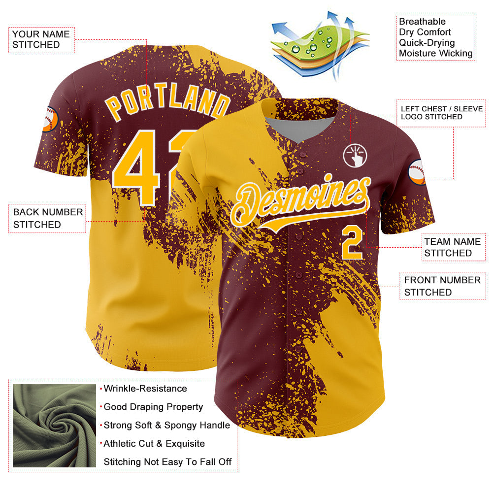 Custom Gold Burgundy-White 3D Pattern Design Abstract Brush Stroke Authentic Baseball Jersey baseball jersey product view 3