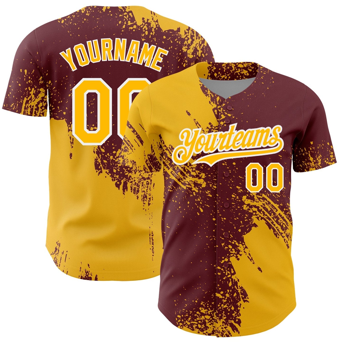 Custom Gold Burgundy-White 3D Pattern Design Abstract Brush Stroke Authentic Baseball Jersey baseball jersey product view 1