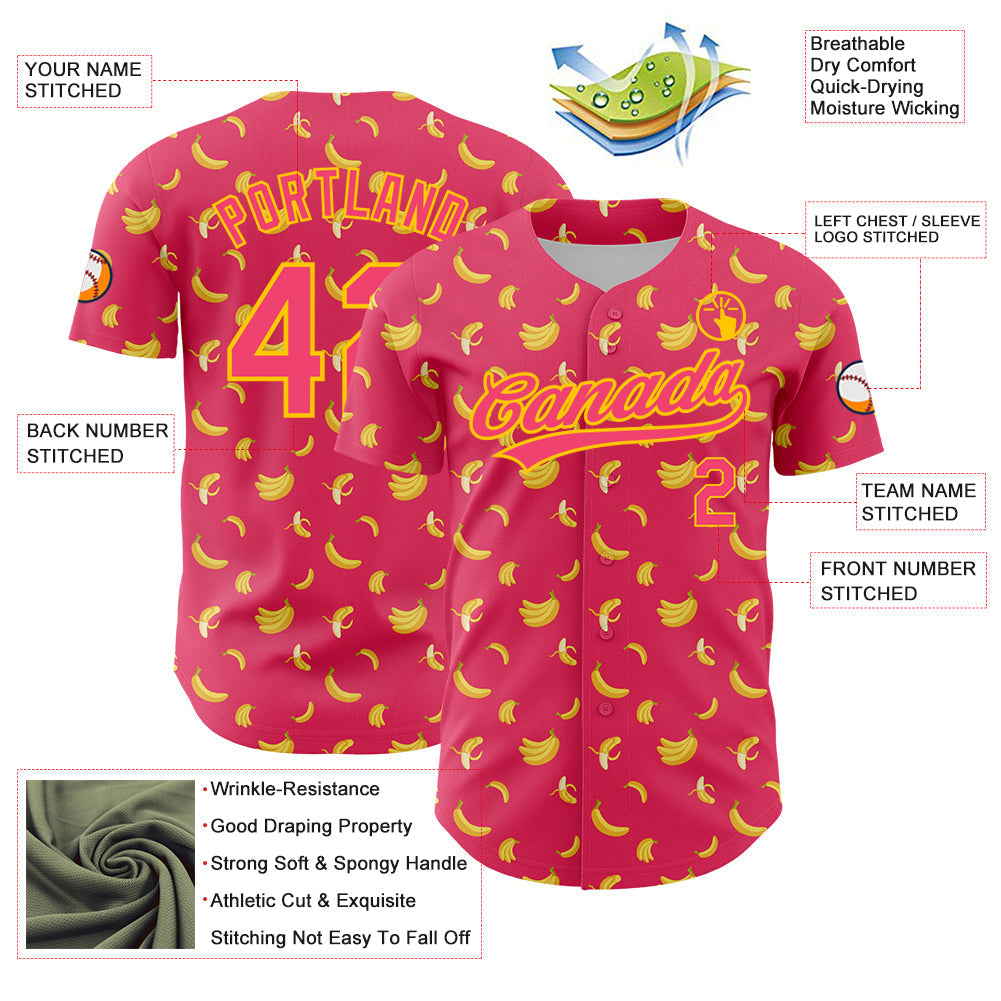 Custom Neon Pink Yellow 3D Pattern Design Fruit Banana Authentic Baseball Jersey baseball jersey product view 3