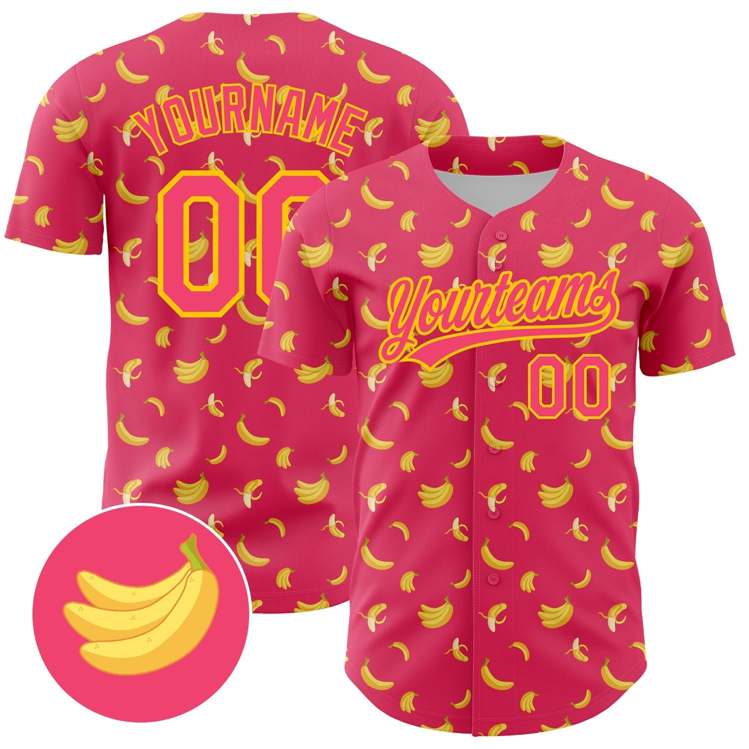 Custom Neon Pink Yellow 3D Pattern Design Fruit Banana Authentic Baseball Jersey baseball jersey product view 1
