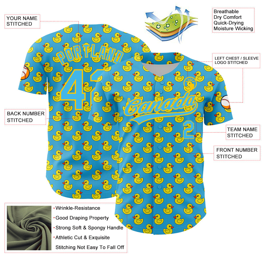 Custom Sky Blue Yellow 3D Pattern Design Animal Duck Authentic Baseball Jersey baseball jersey product view 3