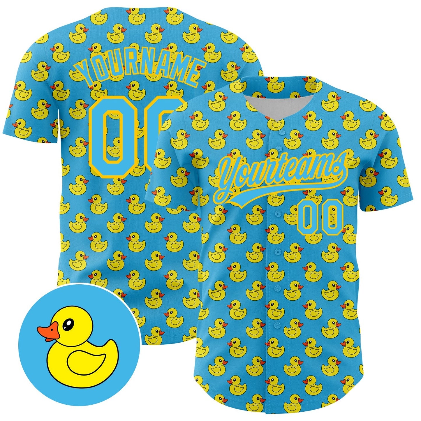Custom Sky Blue Yellow 3D Pattern Design Animal Duck Authentic Baseball Jersey baseball jersey product view 1