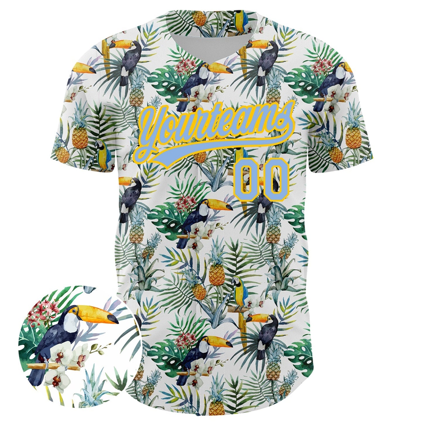 Custom White Light Blue-Yellow 3D Pattern Design Animal Toucan And Tropical Hawaii Palm Leaves Authentic Baseball Jersey baseball jersey product view 2