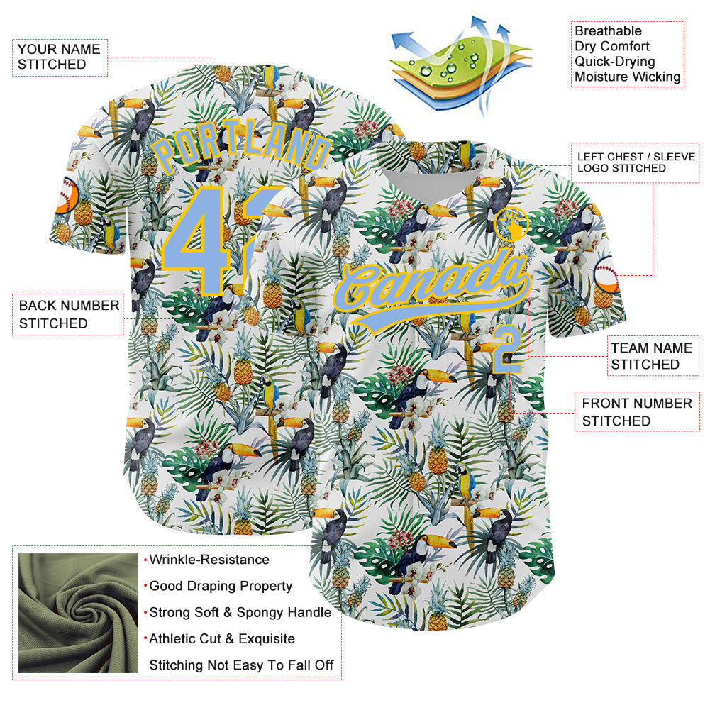 Custom White Light Blue-Yellow 3D Pattern Design Animal Toucan And Tropical Hawaii Palm Leaves Authentic Baseball Jersey baseball jersey product view 3