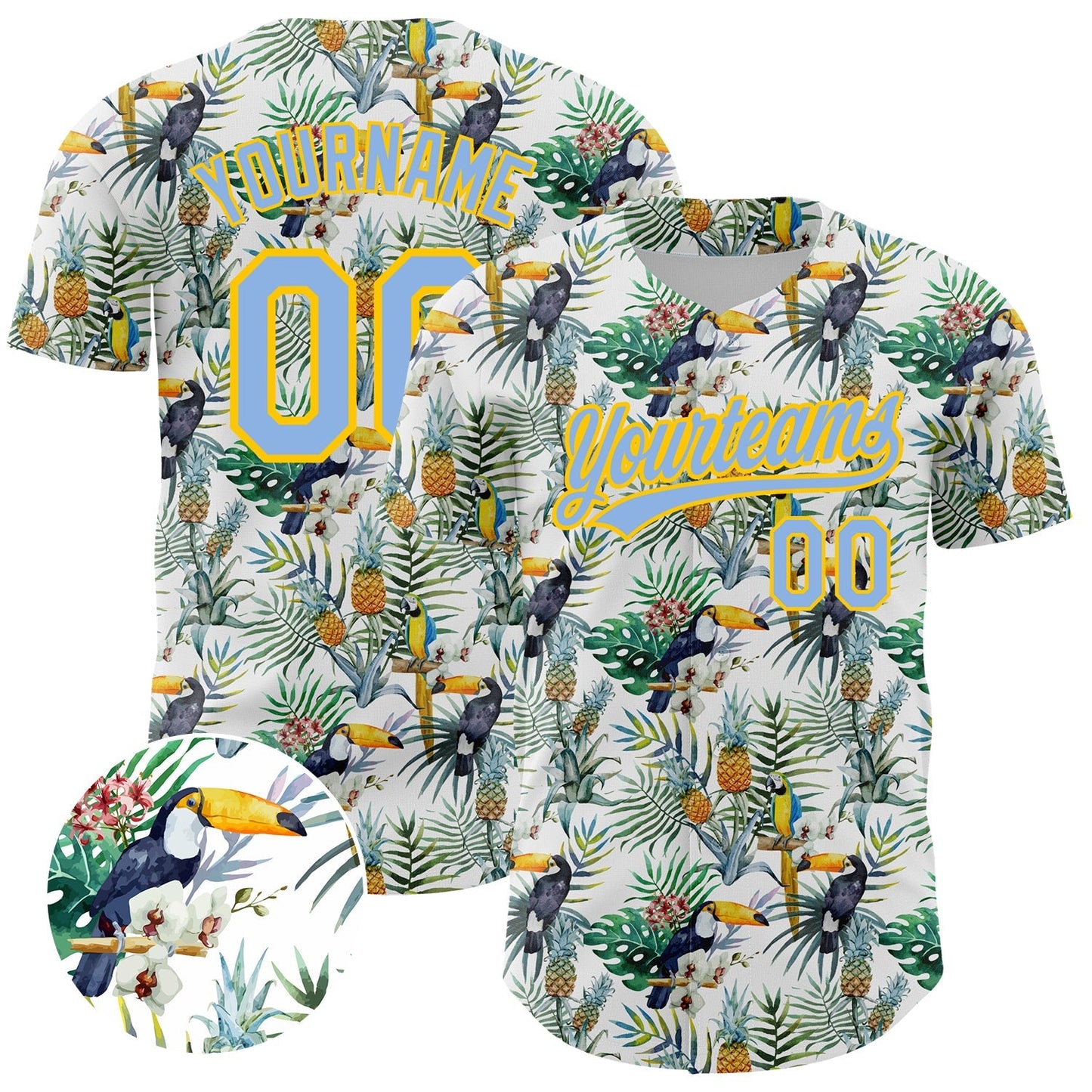 Custom White Light Blue-Yellow 3D Pattern Design Animal Toucan And Tropical Hawaii Palm Leaves Authentic Baseball Jersey baseball jersey product view 1