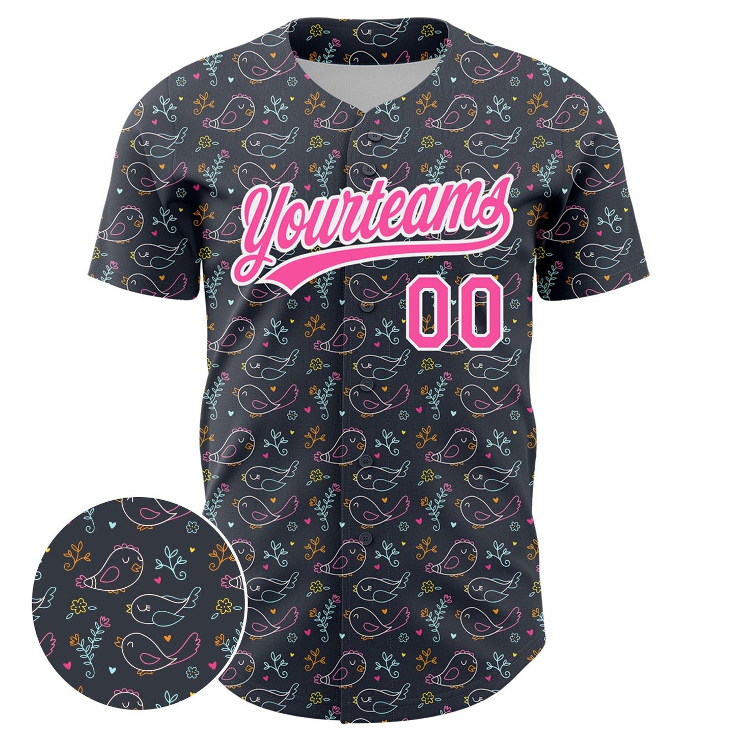 Custom Navy Pink-White 3D Pattern Design Animal Bird Authentic Baseball Jersey baseball jersey product view 2