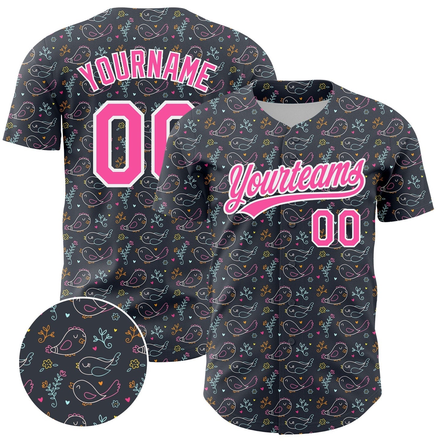 Custom Navy Pink-White 3D Pattern Design Animal Bird Authentic Baseball Jersey baseball jersey product view 1