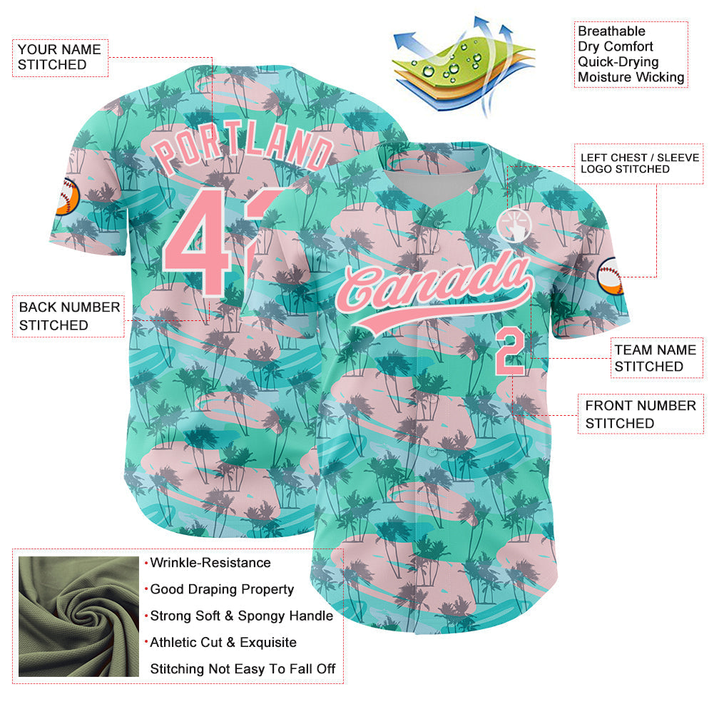 Custom Green Medium Pink-White 3D Pattern Design Tropical Hawaii Palm Trees Authentic Baseball Jersey baseball jersey product view 3