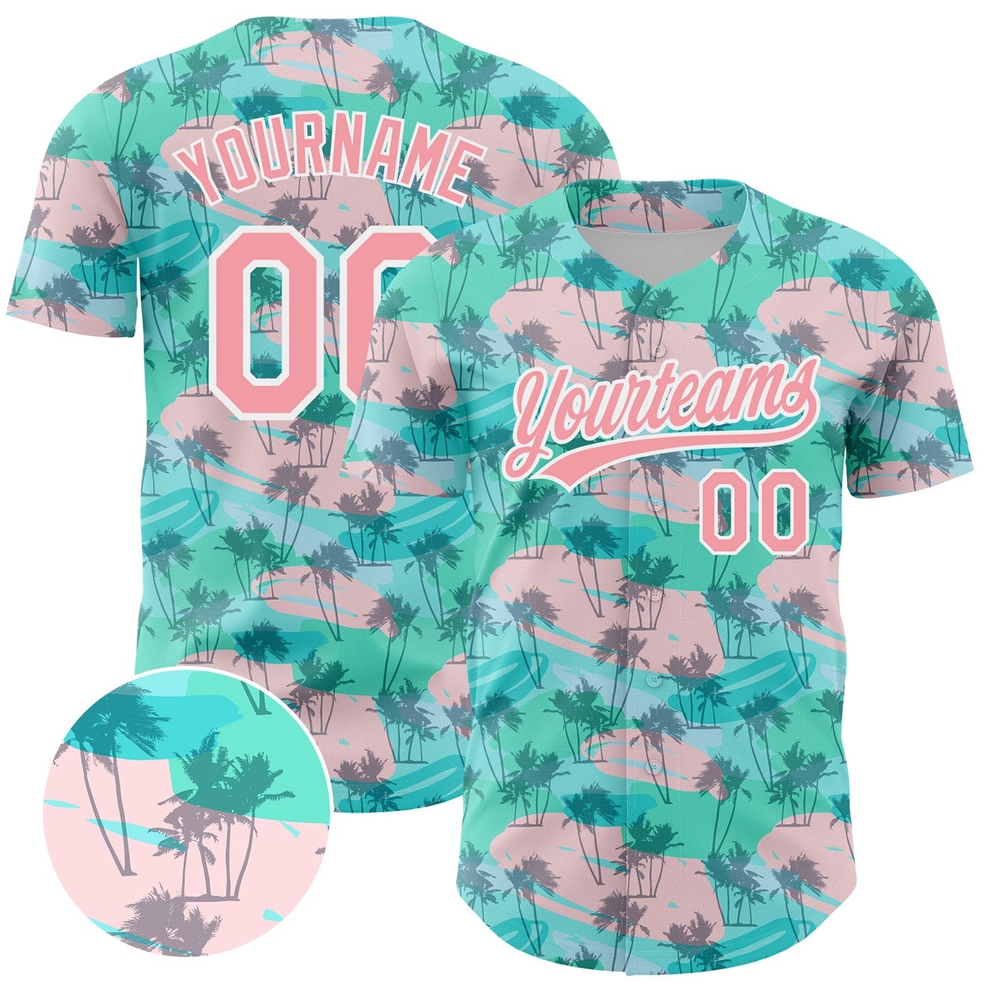 Custom Green Medium Pink-White 3D Pattern Design Tropical Hawaii Palm Trees Authentic Baseball Jersey baseball jersey product view 1