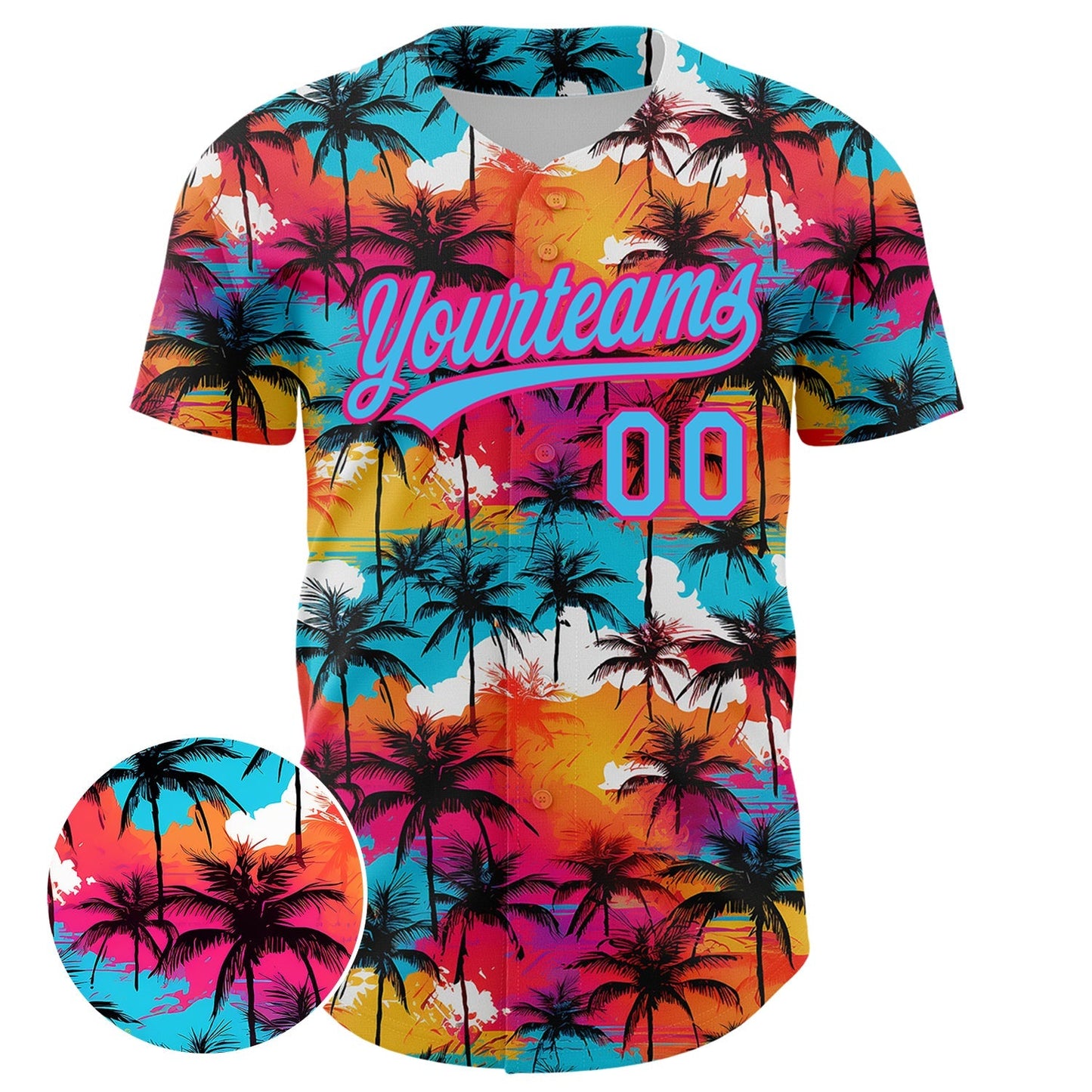 Custom Sky Blue Hot Pink 3D Pattern Design Tropical Hawaii Palm Trees Authentic Baseball Jersey baseball jersey product view 2