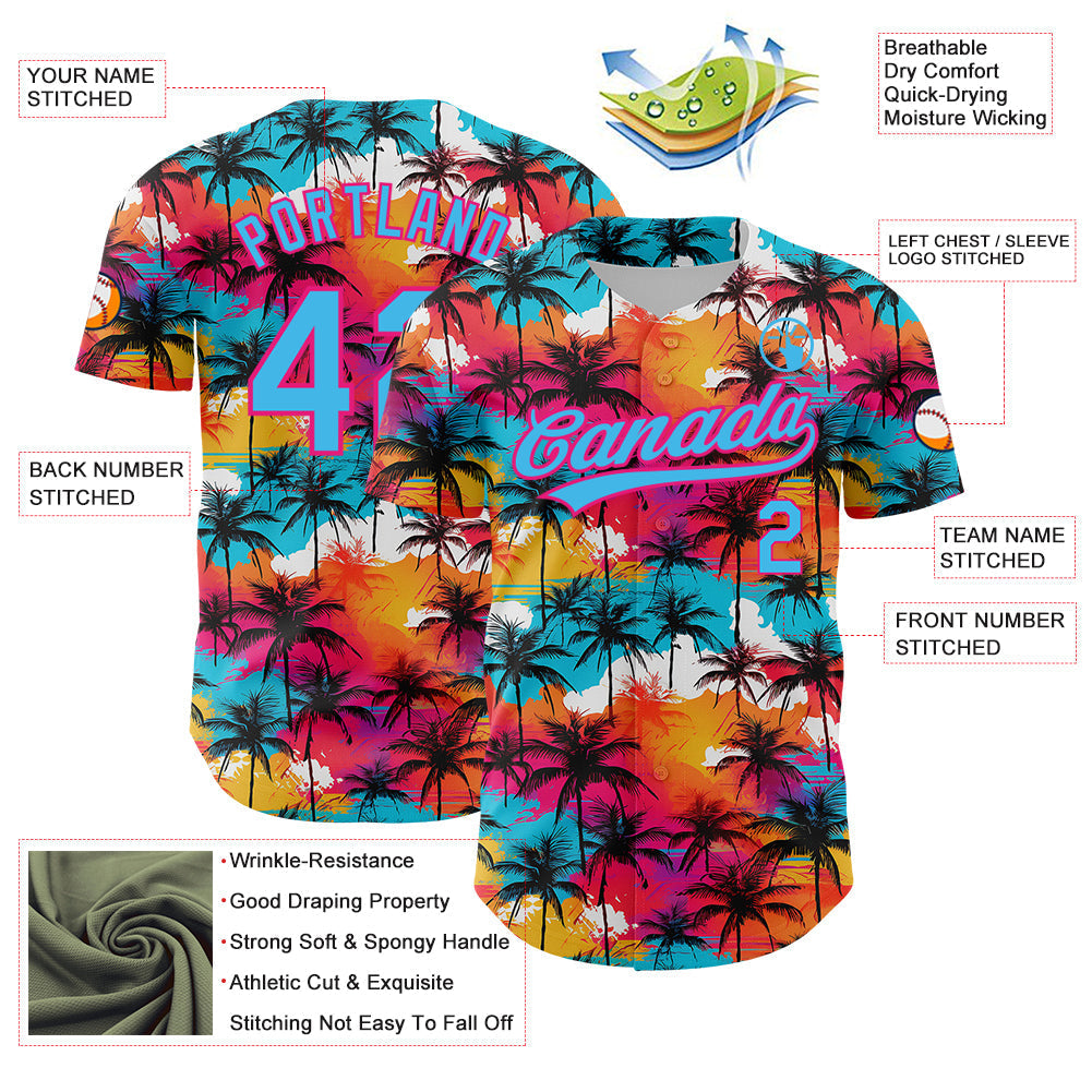 Custom Sky Blue Hot Pink 3D Pattern Design Tropical Hawaii Palm Trees Authentic Baseball Jersey baseball jersey product view 3