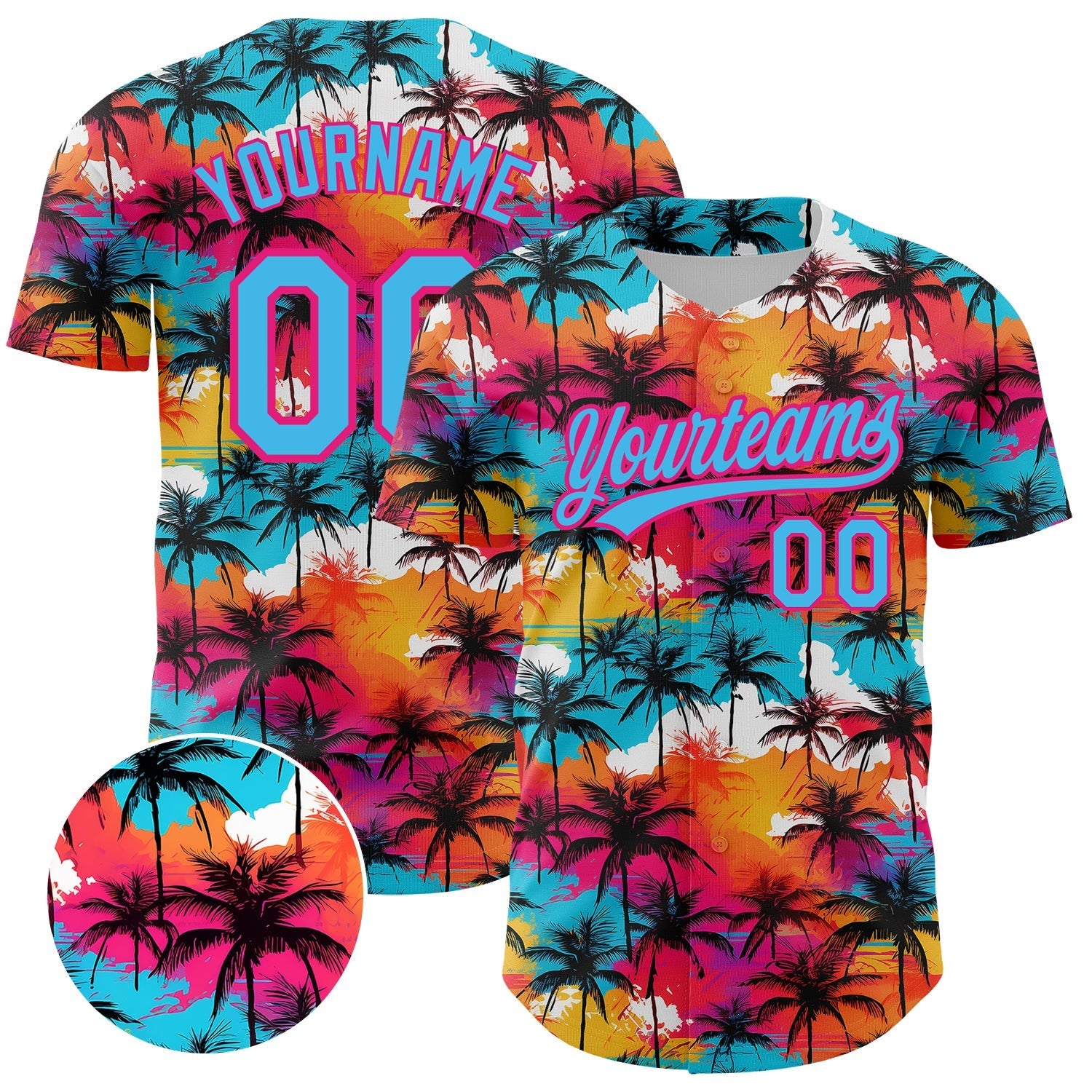 Custom Sky Blue Hot Pink 3D Pattern Design Tropical Hawaii Palm Trees Authentic Baseball Jersey baseball jersey product view 1