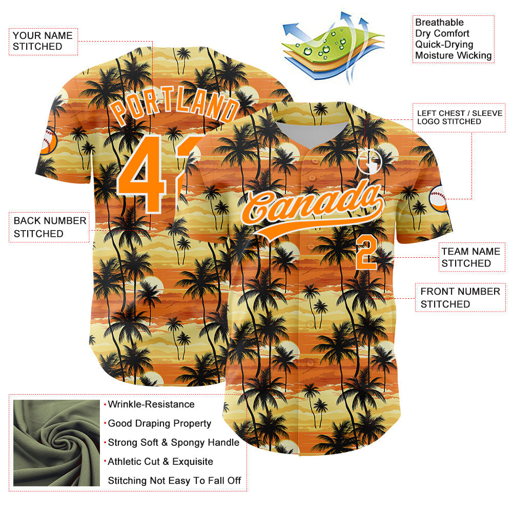Custom Yellow Bay Orange-White 3D Pattern Design Tropical Hawaii Palm Trees Authentic Baseball Jersey baseball jersey product view 3