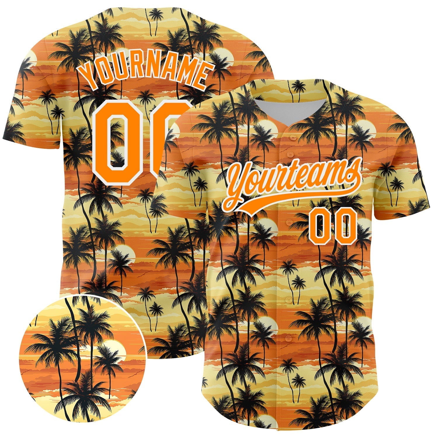 Custom Yellow Bay Orange-White 3D Pattern Design Tropical Hawaii Palm Trees Authentic Baseball Jersey baseball jersey product view 1