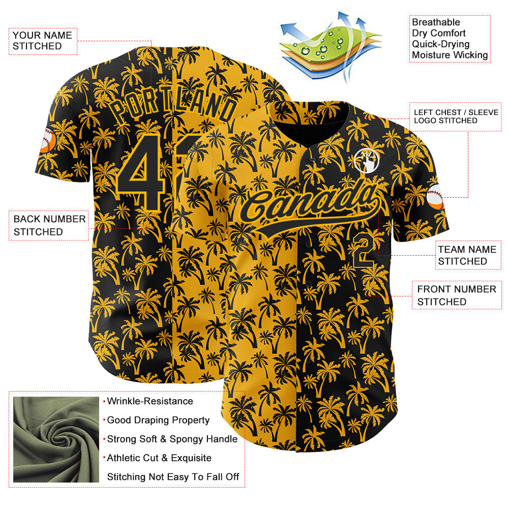 Custom Gold Black 3D Pattern Design Tropical Hawaii Palm Trees Authentic Baseball Jersey baseball jersey product view 3