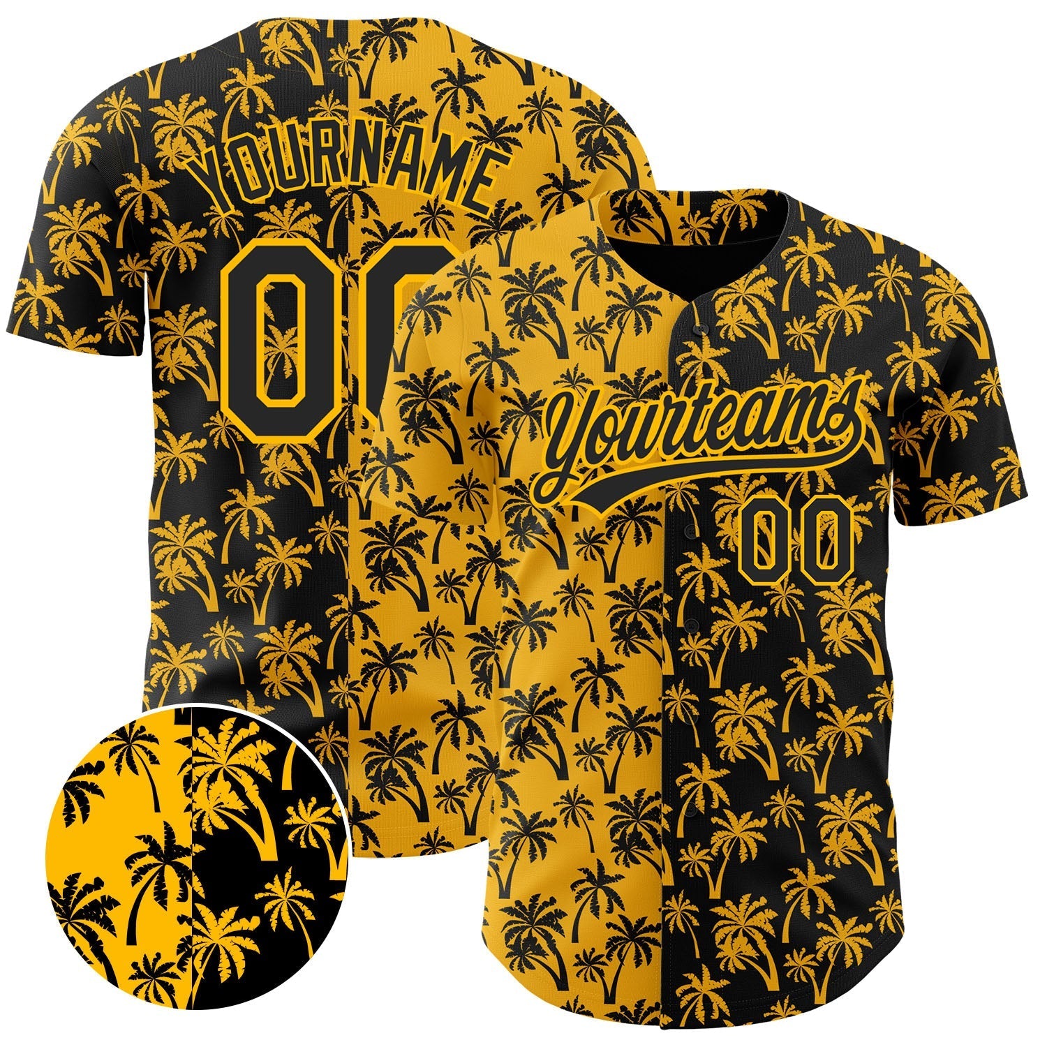 Custom Gold Black 3D Pattern Design Tropical Hawaii Palm Trees Authentic Baseball Jersey baseball jersey product view 1