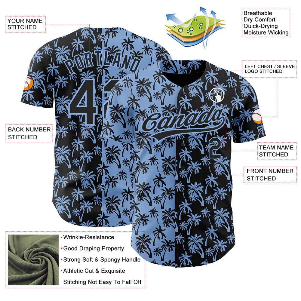Custom Light Blue Black 3D Pattern Design Tropical Hawaii Palm Trees Authentic Baseball Jersey baseball jersey product view 3